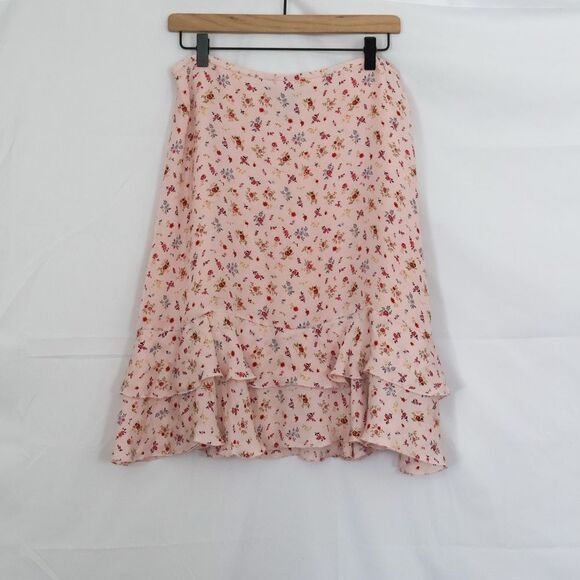 Josephine Chaus Pink Floral 100% Silk Ruffle Skirt - 12 - Picture 1 of 8